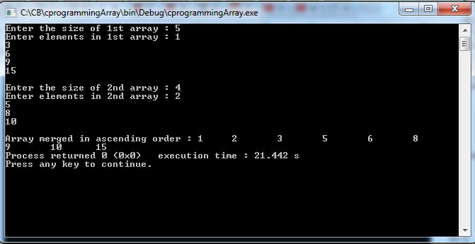 Write C program to merge two sorted array