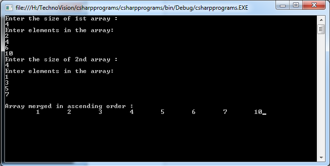 Write C# program to merge two sorted array