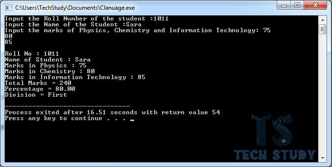 C program to calculate the total marks, percentage and division of student