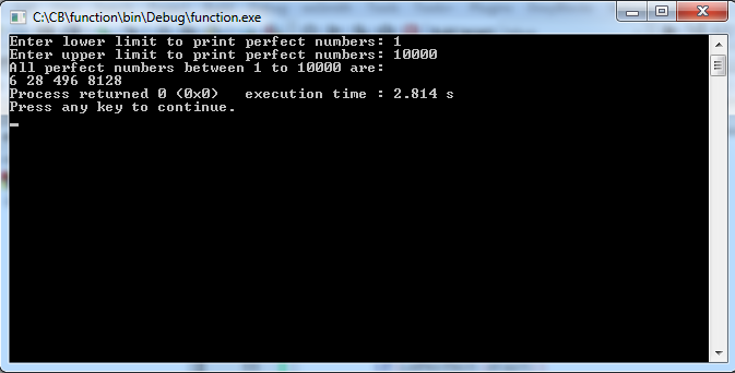 Write C program to print perfect numbers between given interval using function