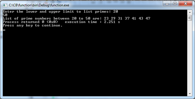 Write C program to find prime numbers in given range using functions
