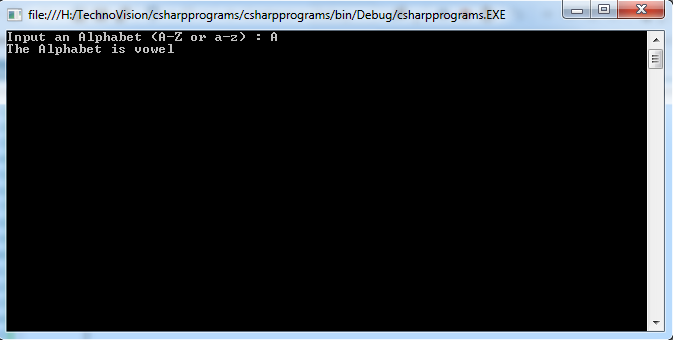 Write C# Program to Check whether an alphabet is a vowel or not