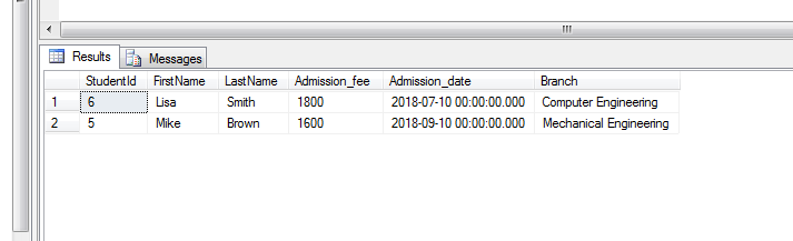 Write a query to select TOP 2 Admission fees from tblStudent table