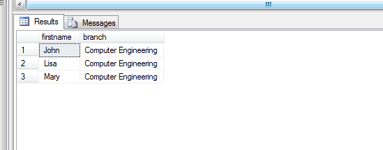 Write a SQL query to display firstname and branch of student, who belongs to the branch 'Computer Engineering'